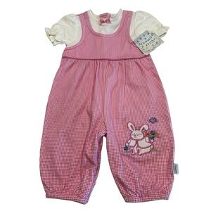 vintage First Moments sz 3-6 months pink gingham coverall one piece outfit bunny